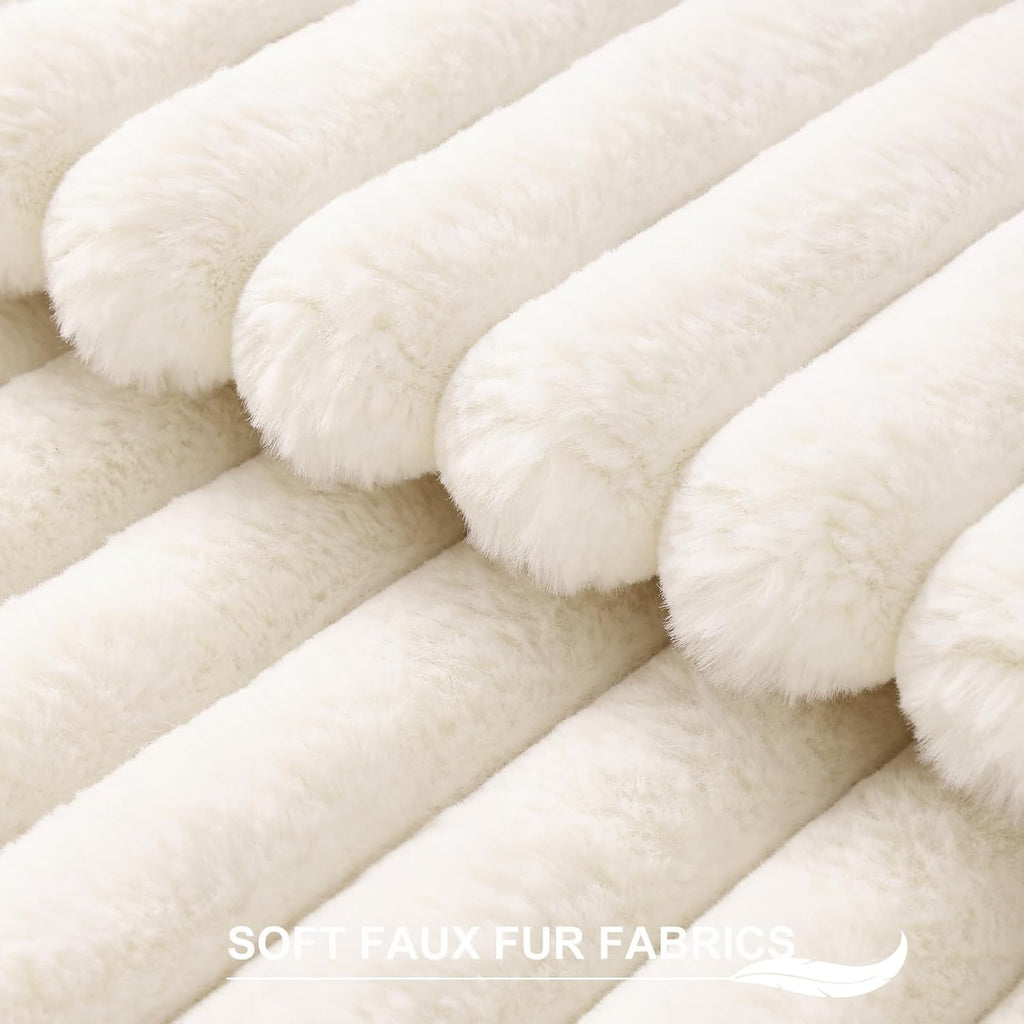 Faux Fur Plush Christmas Throw Pillow Covers 18x18 Set of 2, Luxury Soft Fluffy Striped Decorative Pillow Covers for Sofa, Couch, Living Room, Cream White