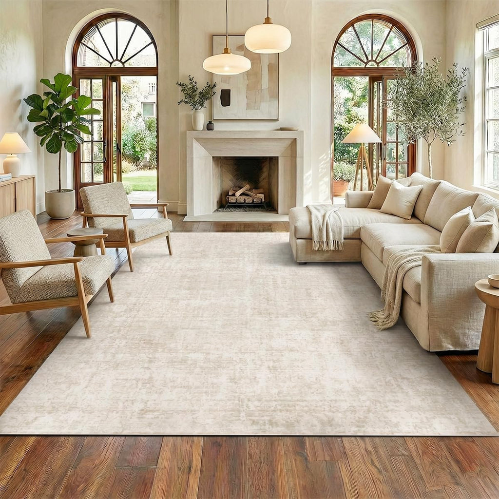 Washable Faux Wool Rug 8' x 10' | Vintage Style | Non-Slip & Foldable | Beige | Ideal for: Living Room, Bedroom, Dining Room