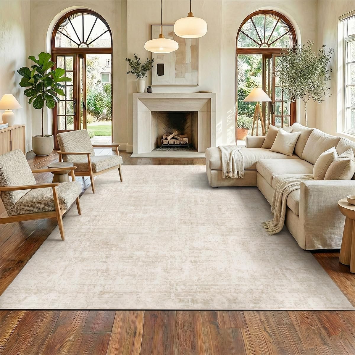 Washable Faux Wool Rug 8' x 10' | Vintage Style | Non-Slip & Foldable | Beige | Ideal for: Living Room, Bedroom, Dining Room