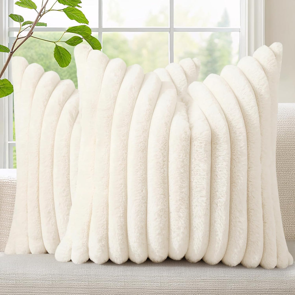 Faux Fur Christmas Throw Pillow Covers 18x18 Set of 2, Decorative Soft Plush Striped Neutral Couch Euro Pillow Covers with Velvet Back for Sofa, Bed, Living Room Home Decor, Cream White