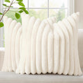 Faux Fur Christmas Throw Pillow Covers 18x18 Set of 2, Decorative Soft Plush Striped Neutral Couch Euro Pillow Covers with Velvet Back for Sofa, Bed, Living Room Home Decor, Cream White
