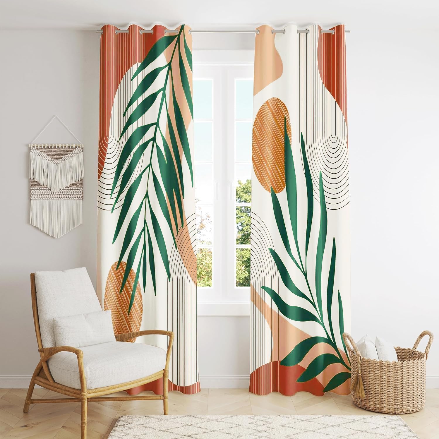 Mid Century Modern Curtains Set Thick Cotton Boho Curtain Blackout for Bedroom Bohemian Style Decor Window Leaf Print Classical Drapes for Living Dining Room, 2 Panels, W52×84L
