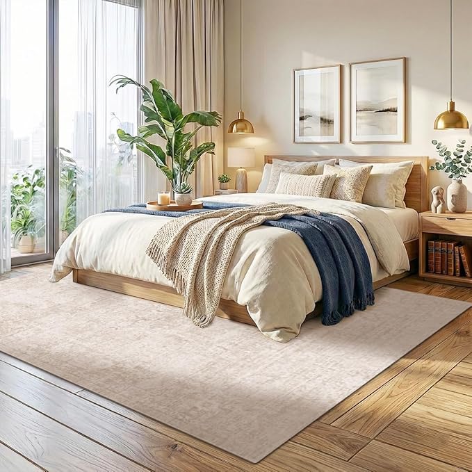 Washable Faux Wool Rug 8' x 10' | Vintage Style | Non-Slip & Foldable | Beige | Ideal for: Living Room, Bedroom, Dining Room