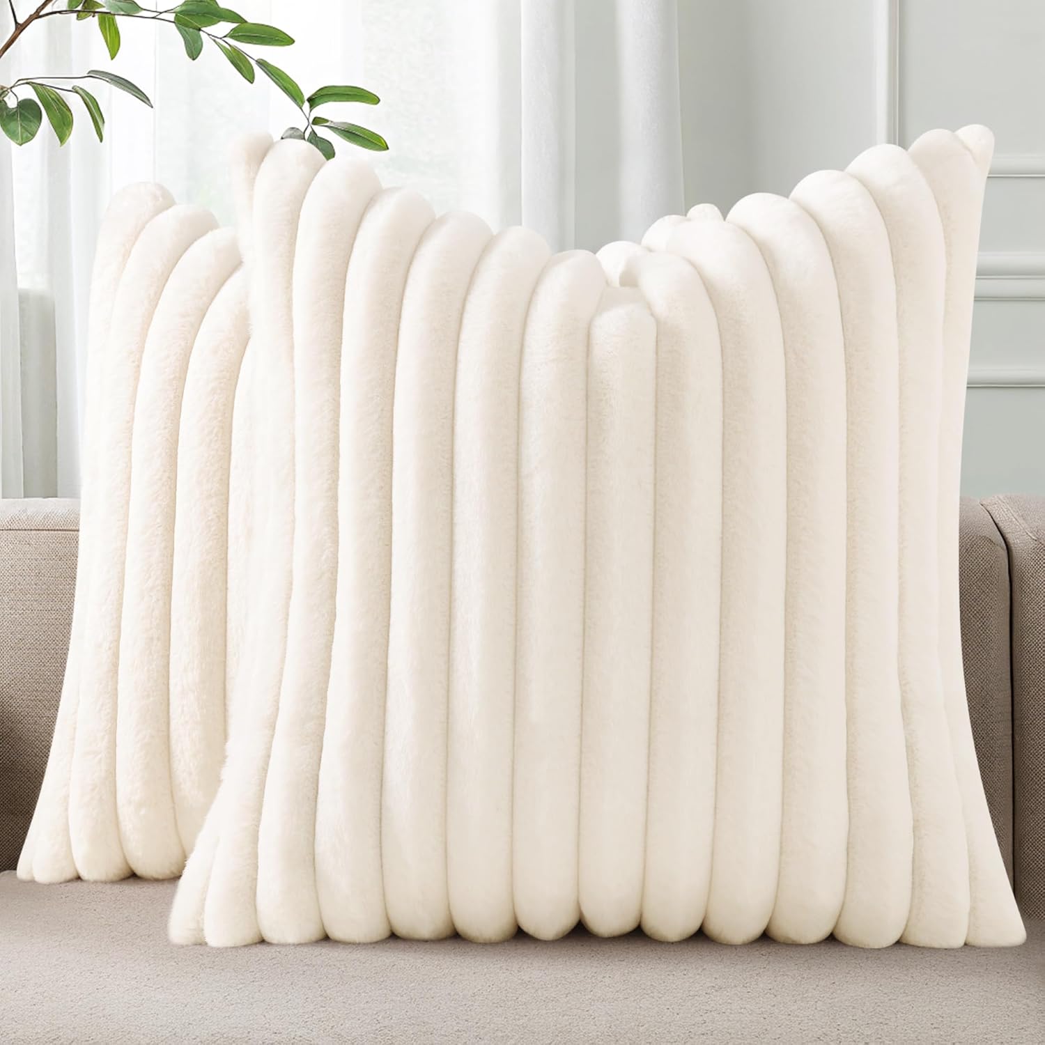 Faux Fur Plush Christmas Throw Pillow Covers 18x18 Set of 2, Luxury Soft Fluffy Striped Decorative Pillow Covers for Sofa, Couch, Living Room, Cream White