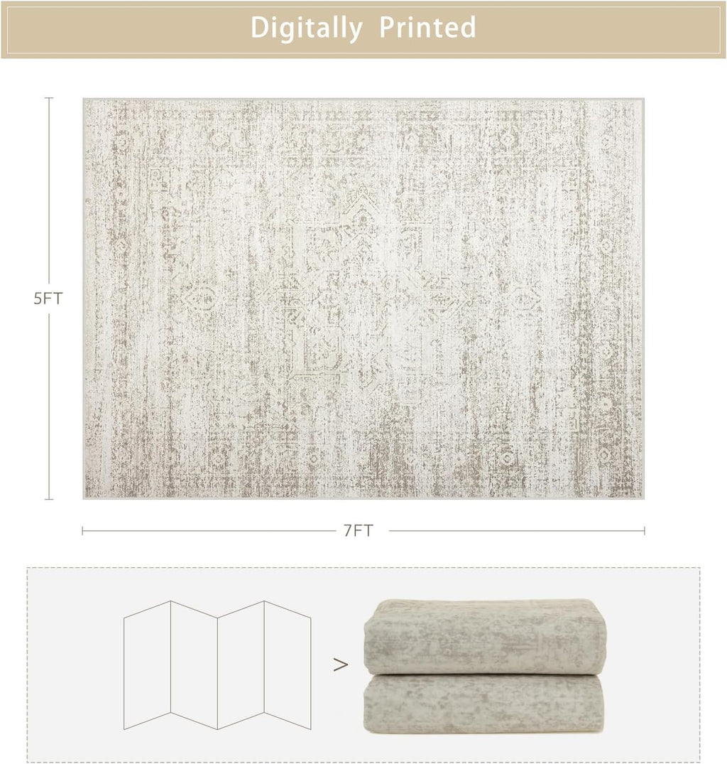 Washable Faux Wool Rug 8' x 10' | Vintage Print | Non-Slip & Non-Shedding | Soft, Low Pile | Ideal for: Living Room, Bedroom, Dining Room