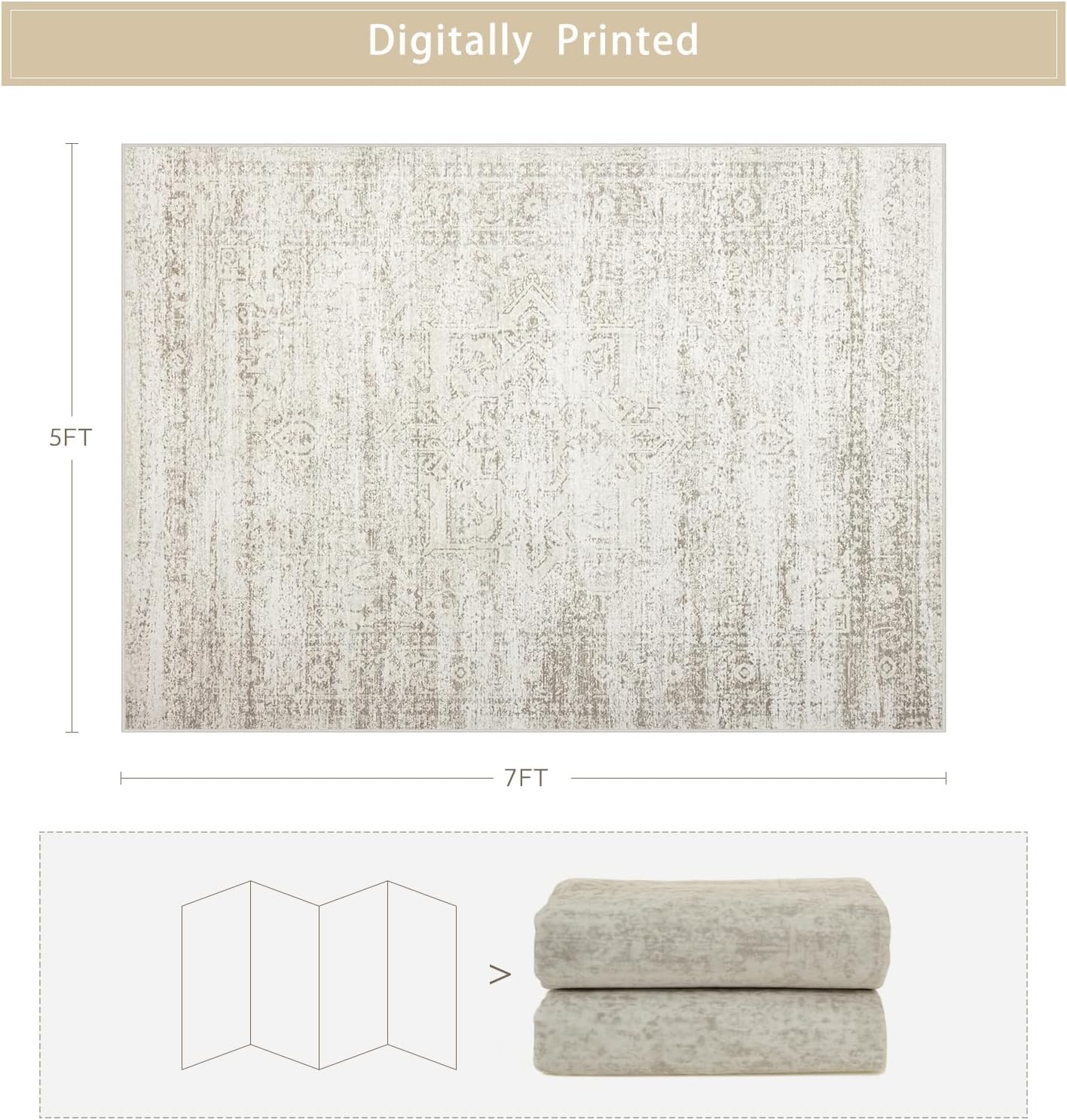 Washable Faux Wool Rug 8' x 10' | Vintage Print | Non-Slip & Non-Shedding | Soft, Low Pile | Ideal for: Living Room, Bedroom, Dining Room