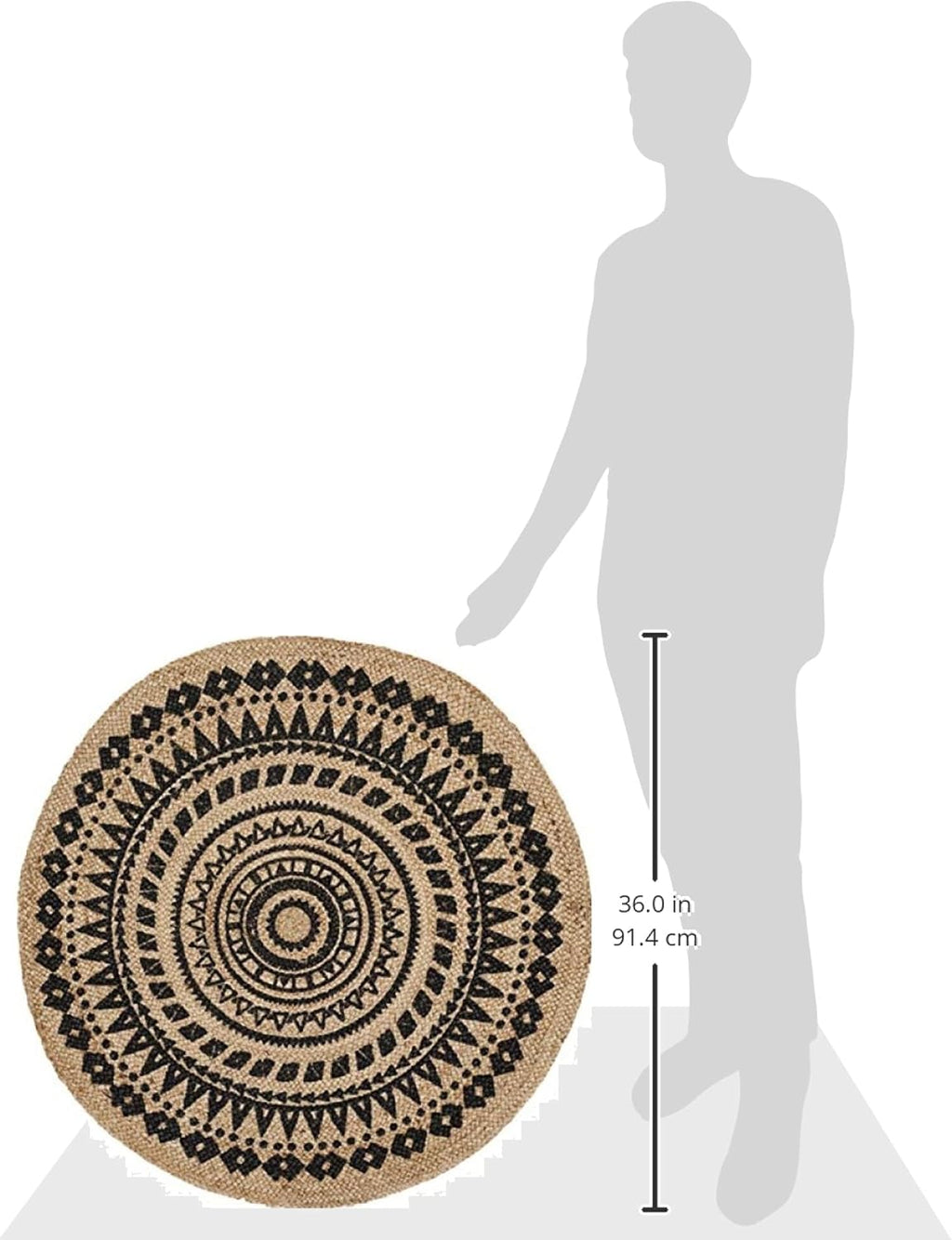 Round Rug—3-foot circular design in a black and white color scheme. This hand-woven jute rug features a bohemian-style mandala pattern, making it perfectly suited for high-traffic areas such as living rooms and bedrooms.