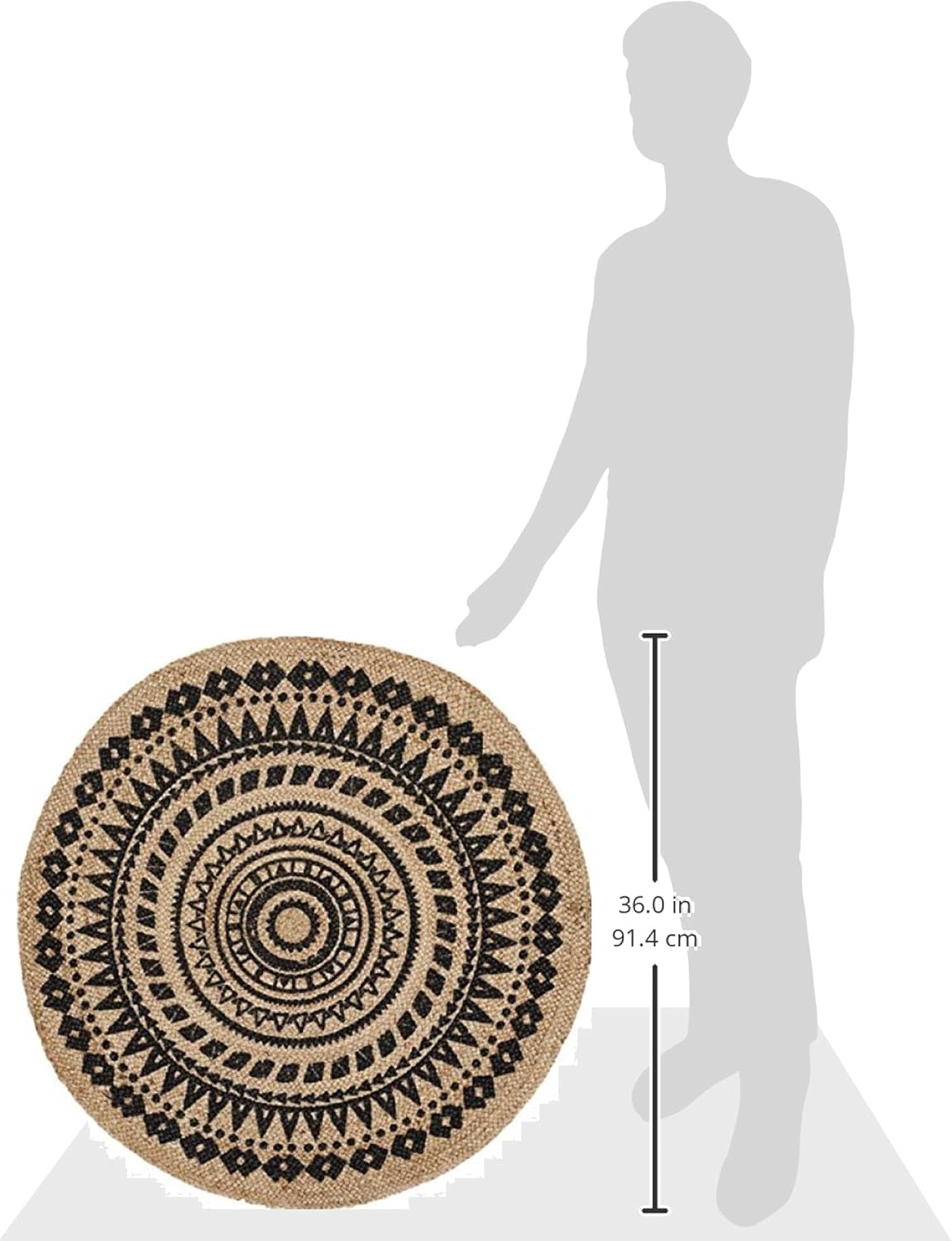 Round Rug—3-foot circular design in a black and white color scheme. This hand-woven jute rug features a bohemian-style mandala pattern, making it perfectly suited for high-traffic areas such as living rooms and bedrooms.