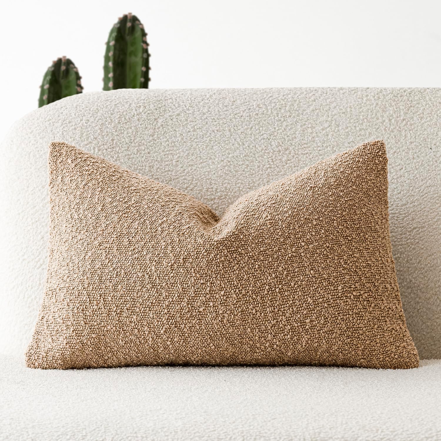 Textured Boucle Throw Pillow Covers Accent Solid Lumbar Pillow Cases Cozy Soft Decorative Couch Cushion Case for Chair Sofa Bedroom Living Room Home Decor, 12 x 20 Inch,Taupe Khaki Camel