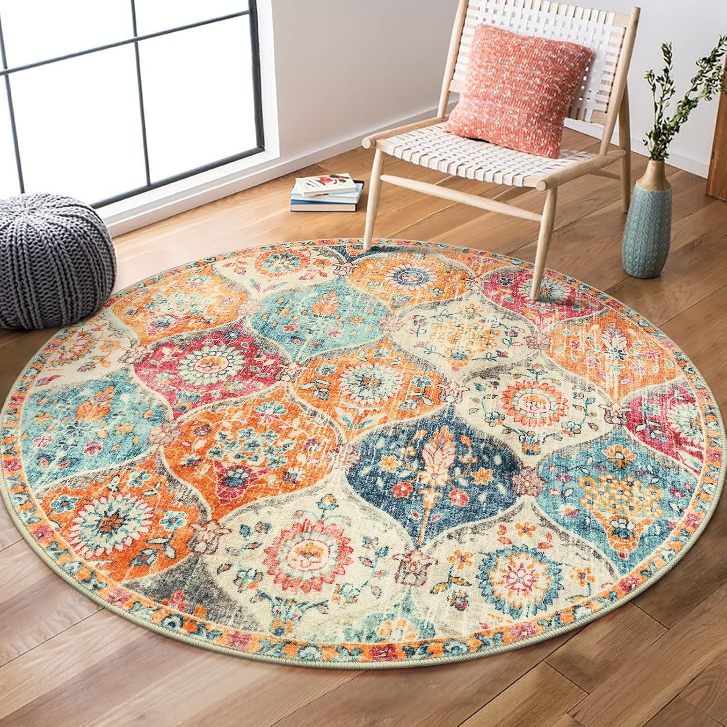 Moroccan Trellis Round Area Rugs, Washable Small Round Rug 3ft Non-Slip, Soft Vintage Ultra-Thin Circle Carpet for Bedroom Entryway Kitchen Laundry Bathroom, Cream/Multi