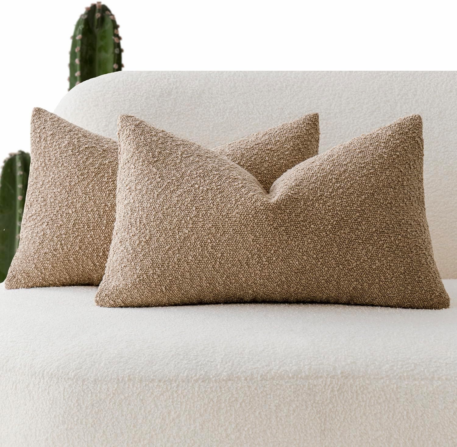Pack of 2 Textured Boucle Throw Pillow Covers Accent Solid Lumbar Pillow Cases Cozy Soft Decorative Couch Cushion Case for Chair Sofa Bedroom Living Room Home Decor, 12 x 20 Inch,Camel