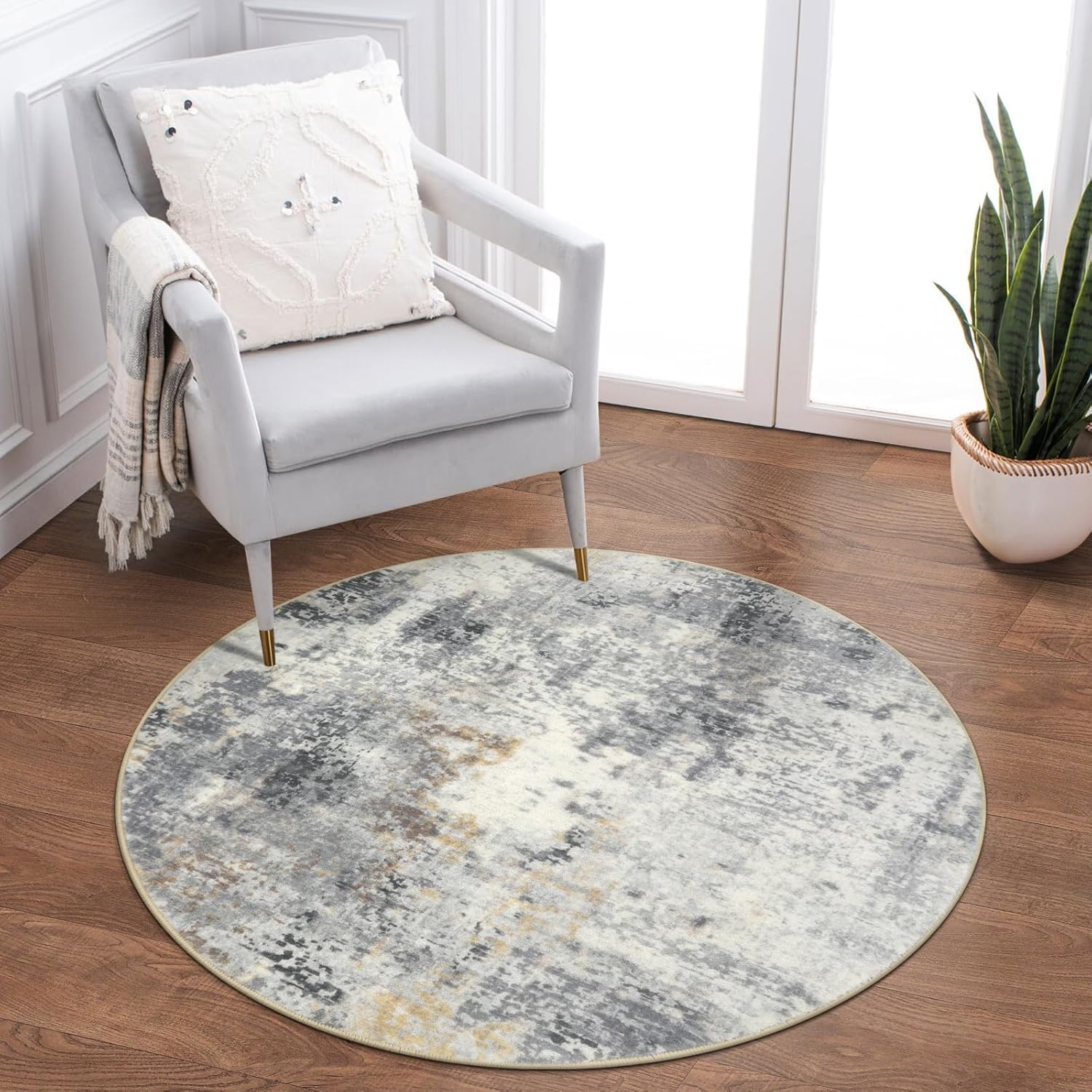 Modern Abstract Round Rug - 3Ft Small Washable Kitchen Round Area Rug Bedroom 3x3 Circle Mat, Soft Low Pile Non Slip Indoor Throw Carpet for Cabinet Bathroom Home Office, Grey