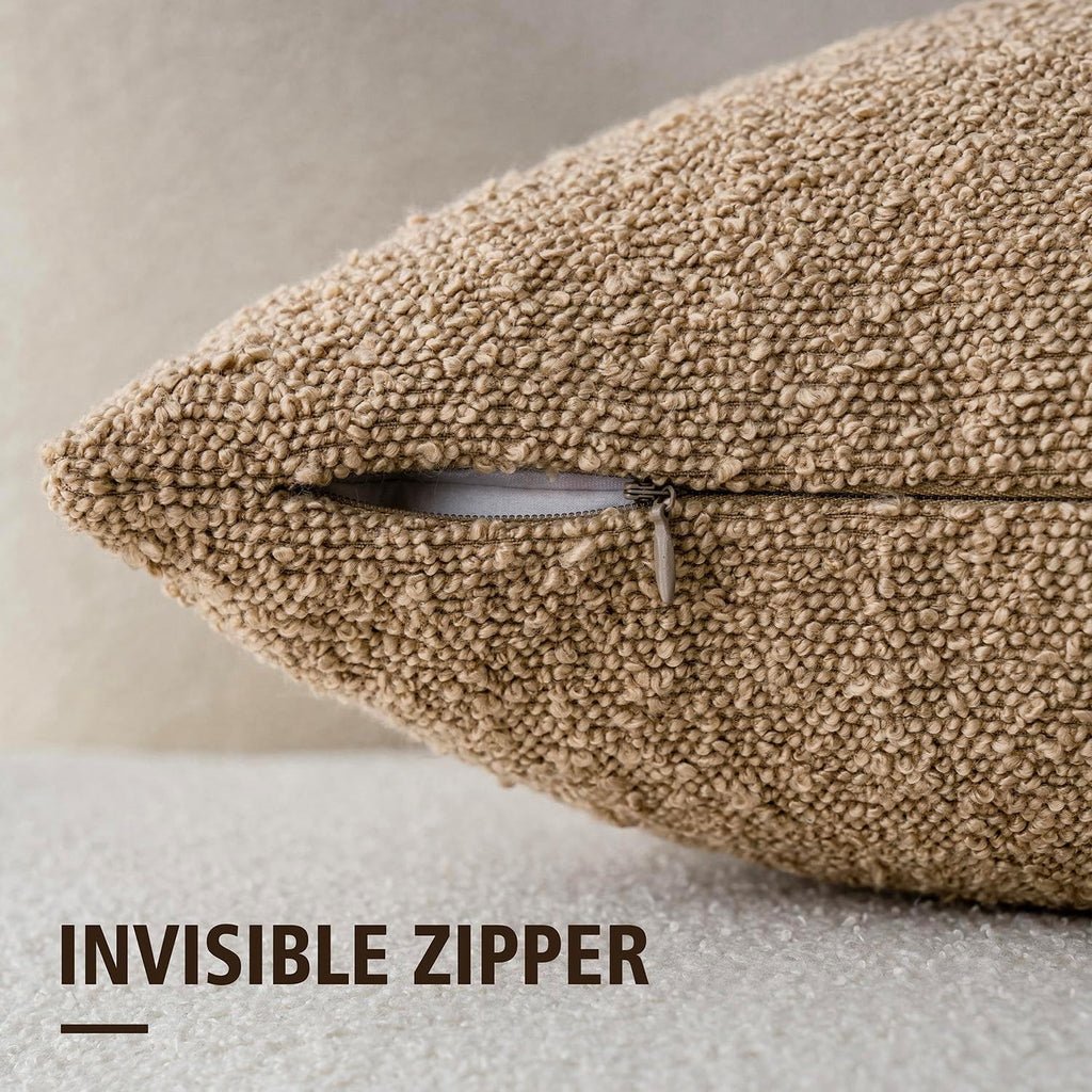 Textured Boucle Throw Pillow Covers Accent Solid Lumbar Pillow Cases Cozy Soft Decorative Couch Cushion Case for Chair Sofa Bedroom Living Room Home Decor, 12 x 20 Inch,Taupe Khaki Camel