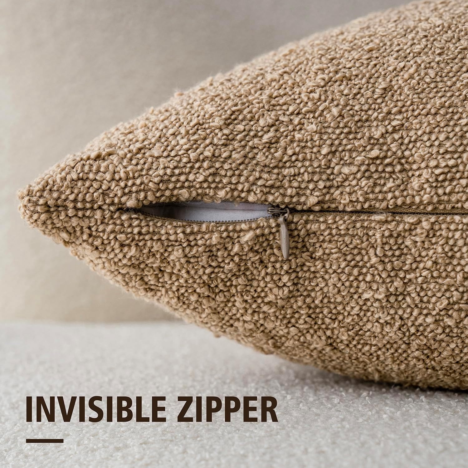 Textured Boucle Throw Pillow Covers Accent Solid Lumbar Pillow Cases Cozy Soft Decorative Couch Cushion Case for Chair Sofa Bedroom Living Room Home Decor, 12 x 20 Inch,Taupe Khaki Camel