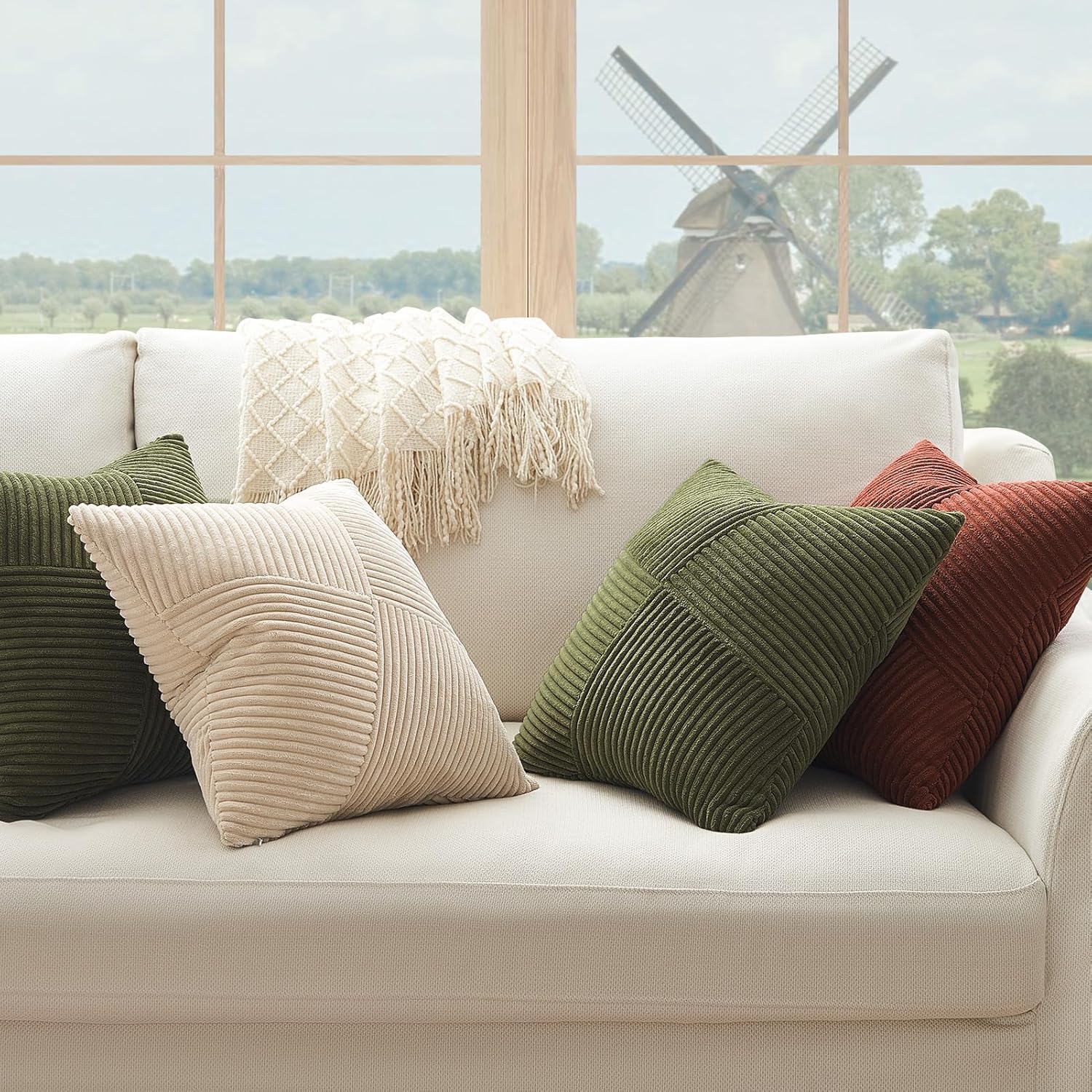 Olive Green Decorative Throw Pillow Covers Set of 2 18x18 Inches for Couch Bed Sofa, Boho Aesthetic Home Decor, Soft Corduroy Striped Patchwork Windmill Textured Cushion Cases 45x45 cm