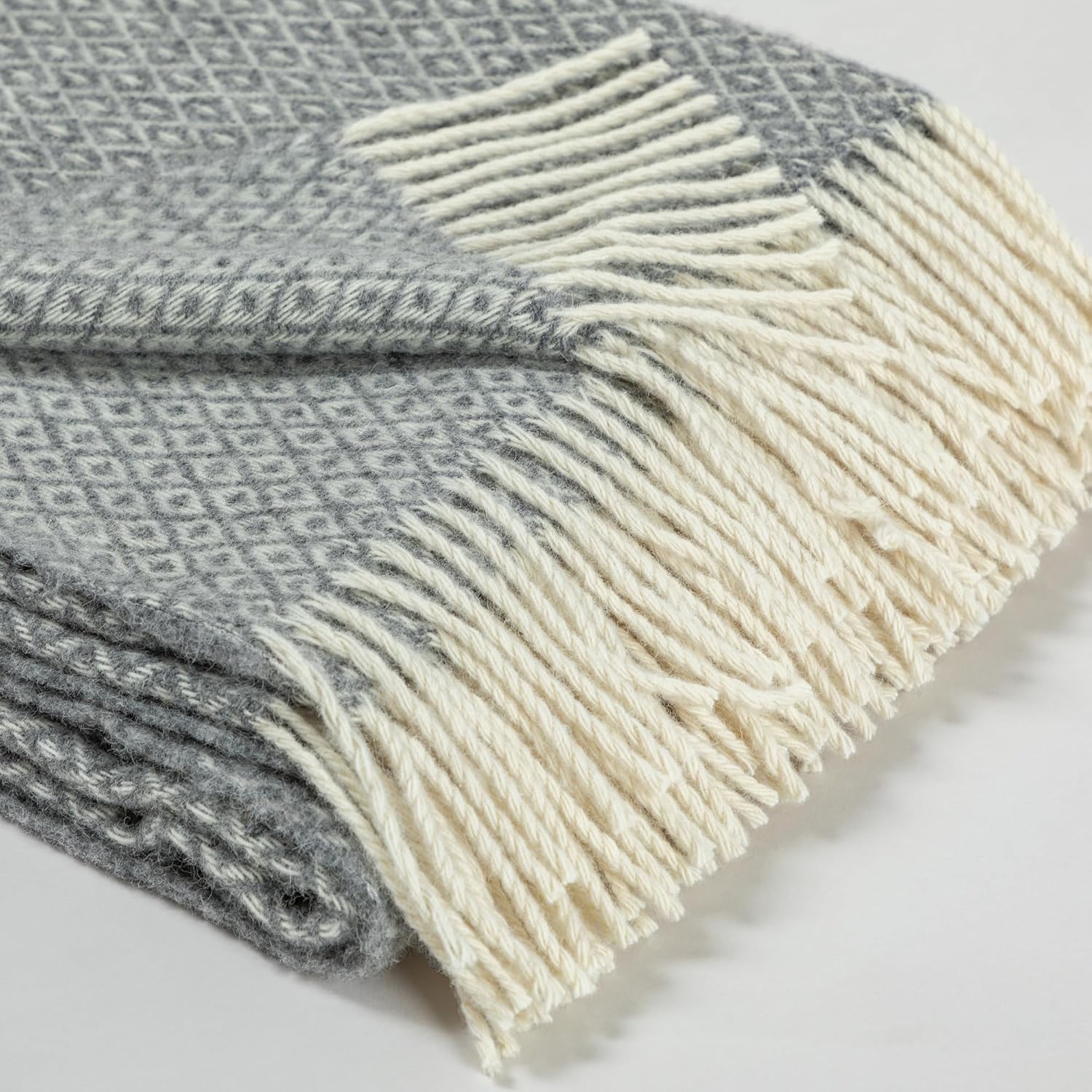 Ukrainian 100% Wool Fringed Throw Blanket Soft Warm Durable Fair Trade Artisan Made Cozy Plaid Herringbone Design Home Decor (Gray, Diamond)