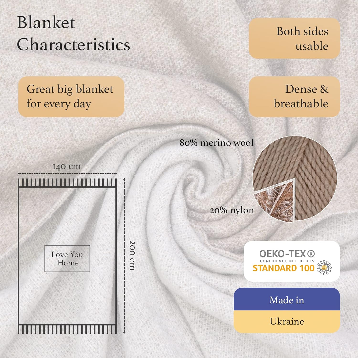 Merino Wool Blanket - Warm Throw for Cold Weather, Warmest Travel Outdoor Camping Blankets, Picnic Army and Military Throws, Comforter Soft & Cozy 55 x 79 Light Brown - Light Grey Double-Sided