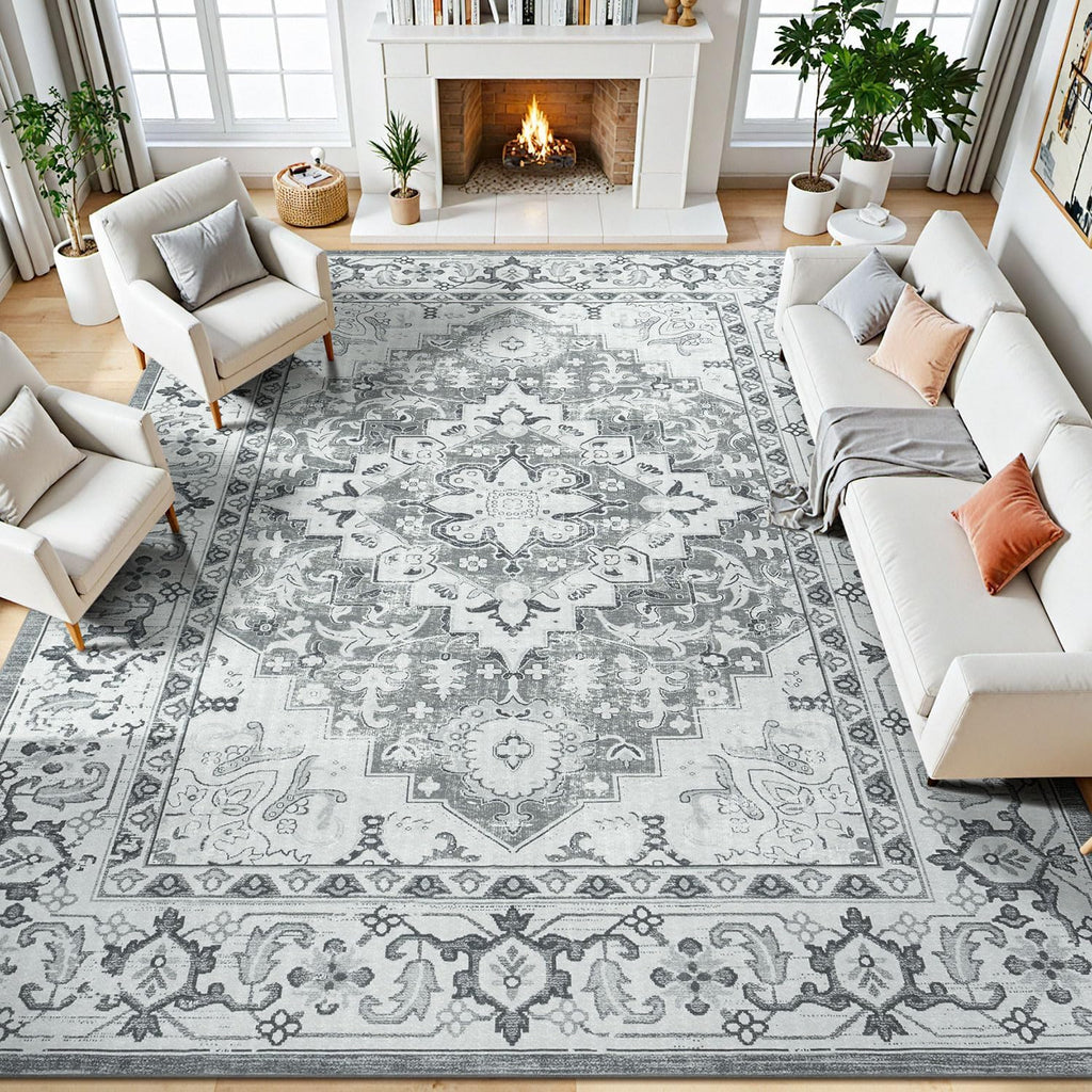 Machine-Washable Faux Wool Rug | Bohemian Style | Non-Slip Backing | Gray & White Color Scheme | Vintage Floral Pattern Suitable for: Living Room, Bedroom