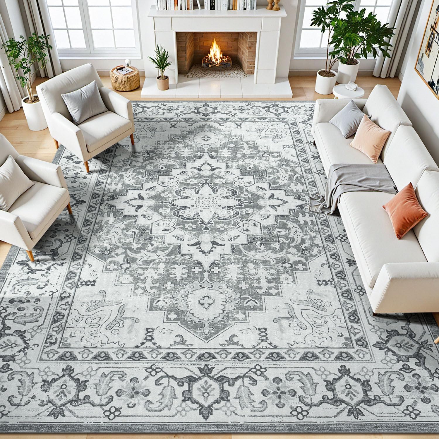 Machine-Washable Faux Wool Rug | Bohemian Style | Non-Slip Backing | Gray & White Color Scheme | Vintage Floral Pattern Suitable for: Living Room, Bedroom