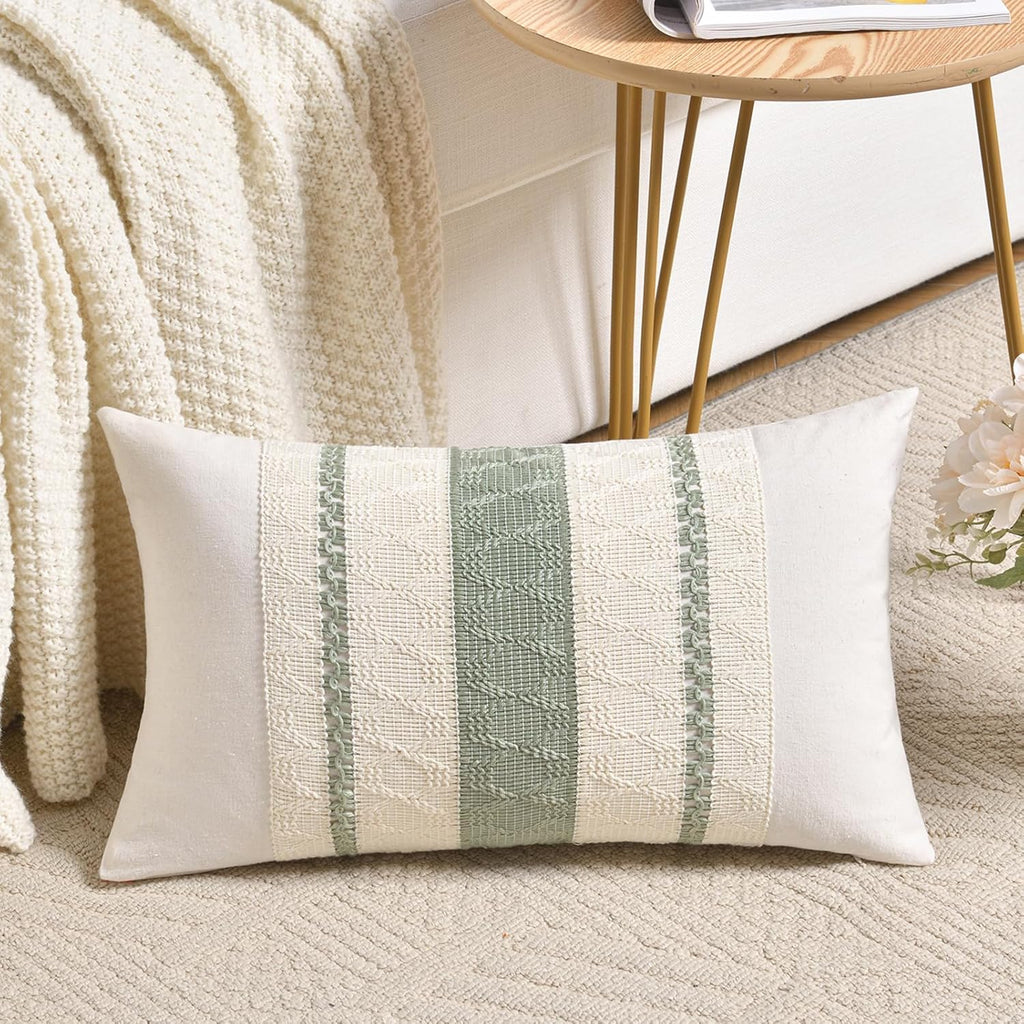 Set of 1 Sage Green Boho Lumbar Decorative Throw Pillow Covers 12x20 Inch for Living Room Bedroom Couch Bed Chair, Rustic Retro Cushion Case, Bohemian Room Home Decor