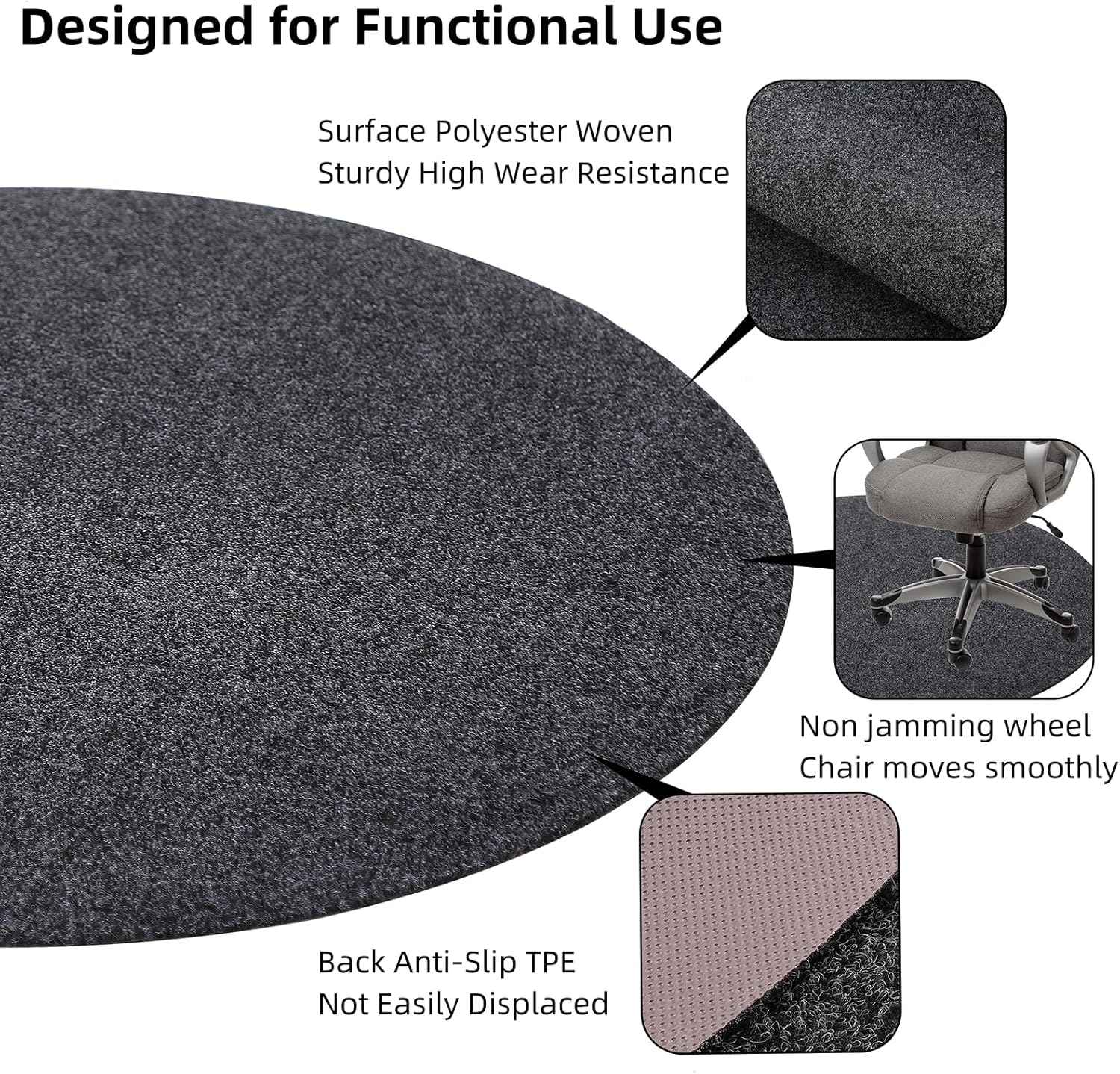 Office Chair Mat, Round Floor Mat for Home, 39inch Diameter Low Pile Heavy Duty Non Slip Multi-Purpose Desk Chair Mat Rug for Hardwood Tile Floor Carpets (Dark Grey)