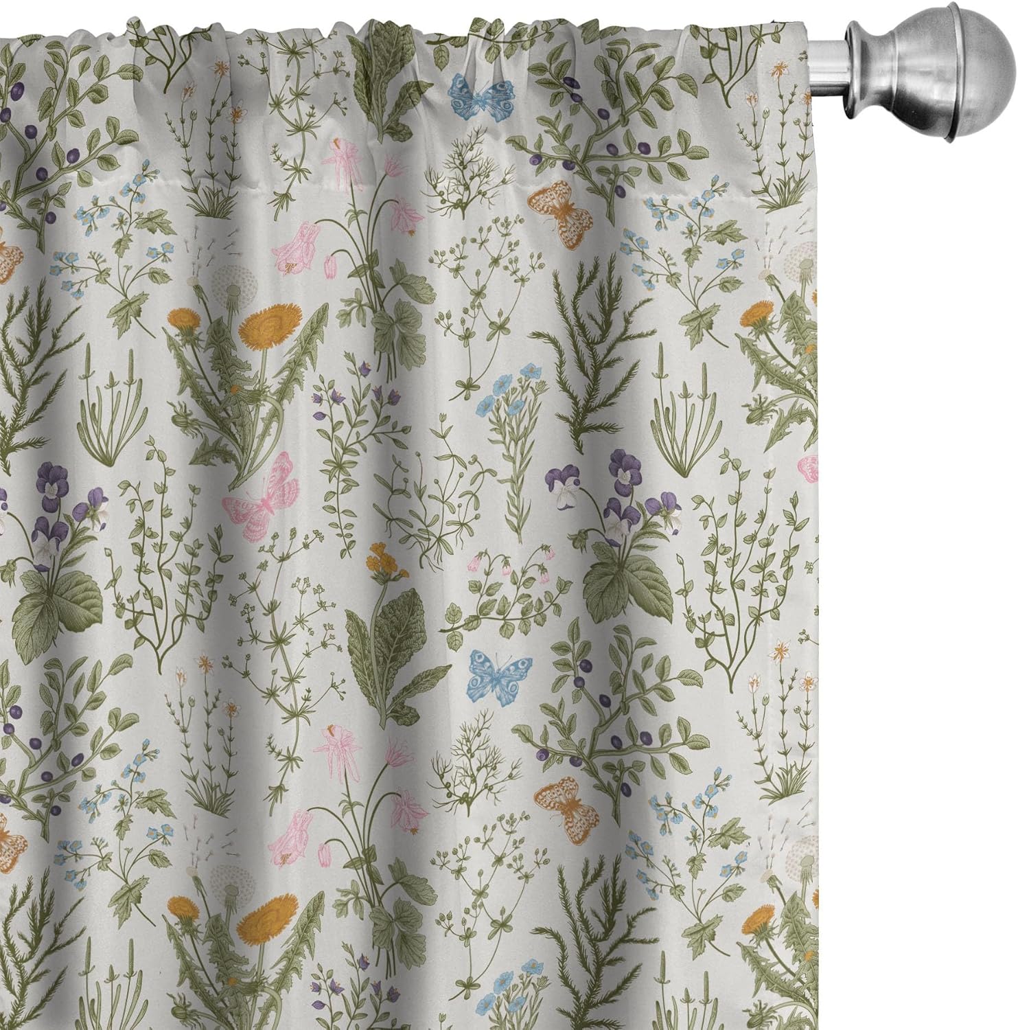 Floral Window Curtains Pack of 2, Vintage Garden Plants Herbs Flowers Botanical Classic Design Art, Lightweight Set with Rod Pocket, 4 Panels of - 28" x 84", Mustard Green