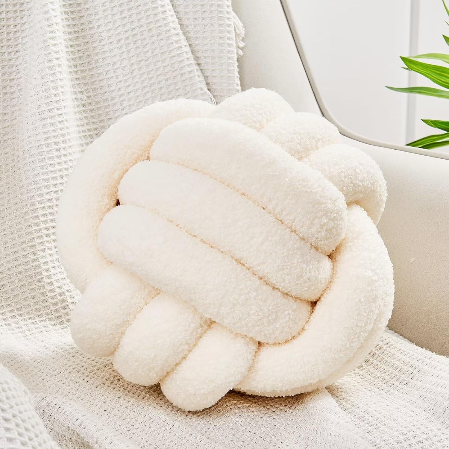 Knot Pillow Ball, Soft Home Decorative Round Throw Pillow, Handmade Knotted Plush Pillow, Round Boucle Pillow Cushion (8.6 Inches Ivory)