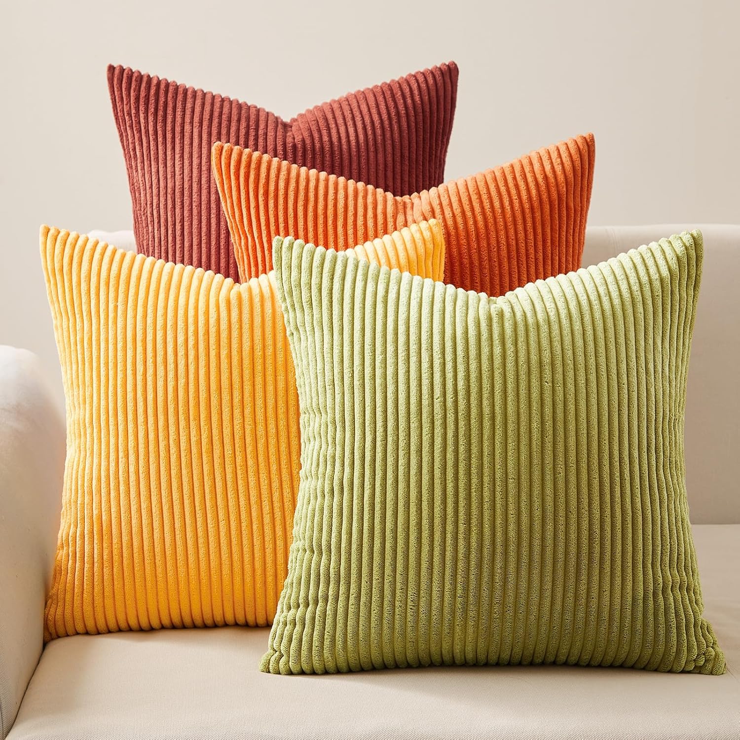 Fall Burnt Orange Decorative Throw Pillows Covers 18x18 Inch Set of 4,Yellow Green Gradient Series Corduroy Striped Square Pillow Case,Western Modern Cushion Cover for Couch Sofa Bedroom