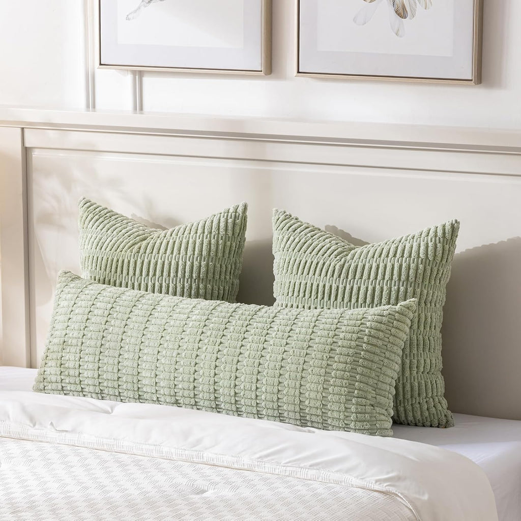 Sage Green Long Lumbar Decorative Throw Pillow Covers 14x36 Inch for Bed Couch Bedroom, Soft Corduroy Rectangle Solid Cushion Case 35x91 cm, Rustic Farmhouse Boho Room Décor