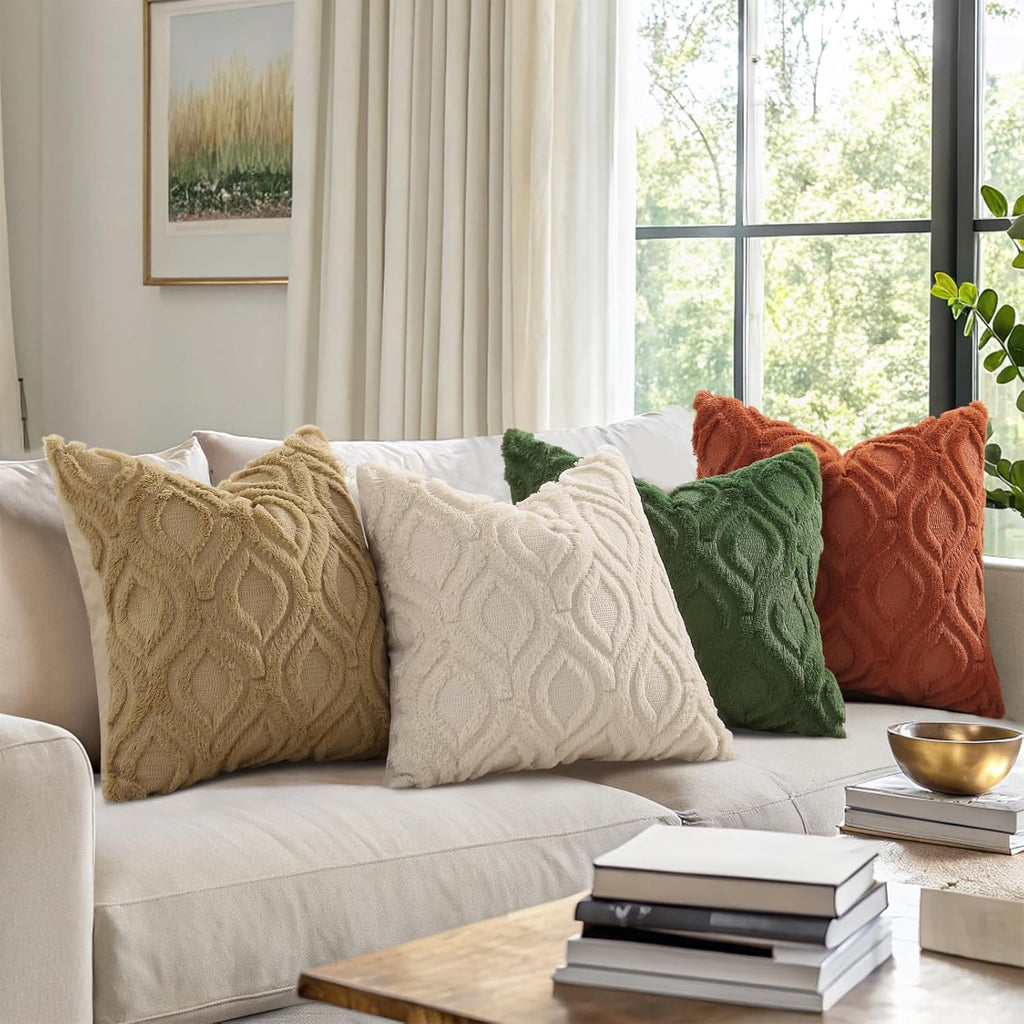 Throw Pillow Covers 18x18 Inch Set of 2, Soft Plush Faux Wool Beige Solid Couch Pillow Covers, Accent Farmhouse Neutral Square Pillow Cases for Sofa Bed Living Room