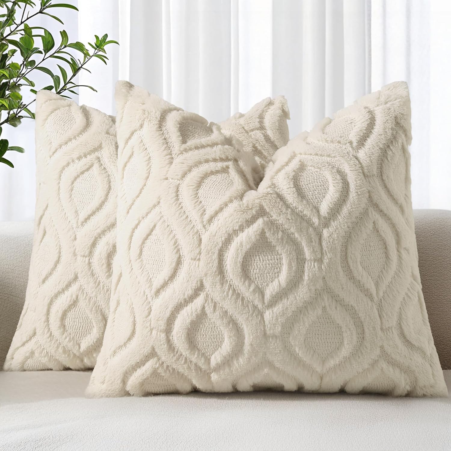 Throw Pillow Covers 18x18 Inch Set of 2, Soft Plush Faux Wool Beige Solid Couch Pillow Covers, Accent Farmhouse Neutral Square Pillow Cases for Sofa Bed Living Room