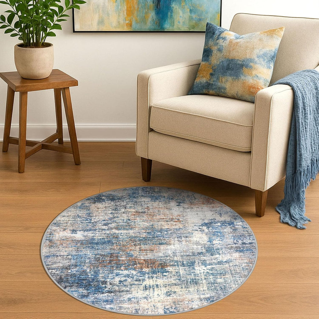 Round Area Rug 3 Ft Circle Entryway Rugs Round Washable Door Mat Indoor Entrance, Non Slip Circle Front Door Rug, Printed Abstract Faux Wool Floor Carpet for Foyer Porch Sink, Blue Rust