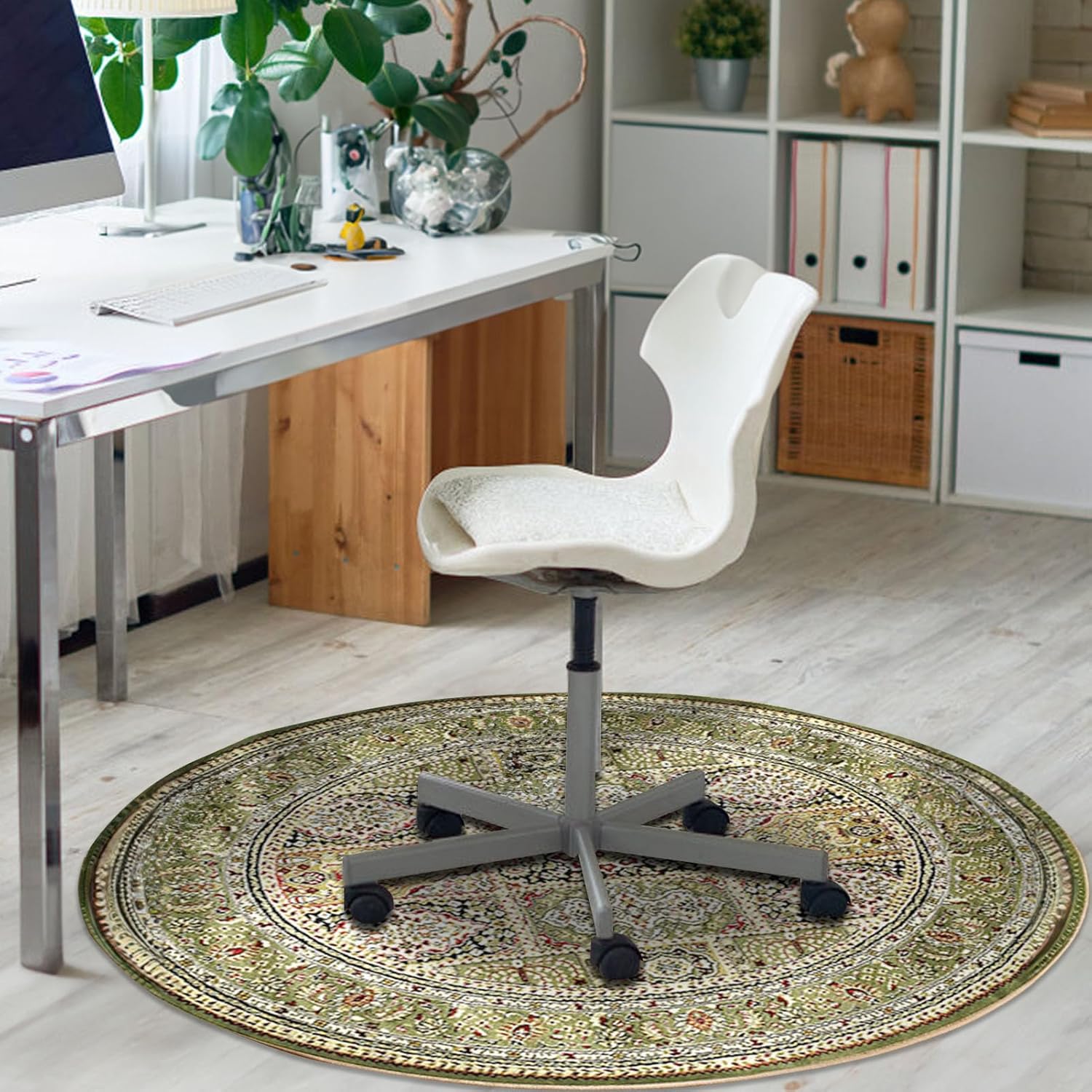 Office Chair Mat for Hardwood Floor, Vintage Bohemian Computer Gaming Rolling Chair Mat, Anti-Slip Backing Low-Pile Office Rug Floor Mat for Home Office, Green Round, 40x40