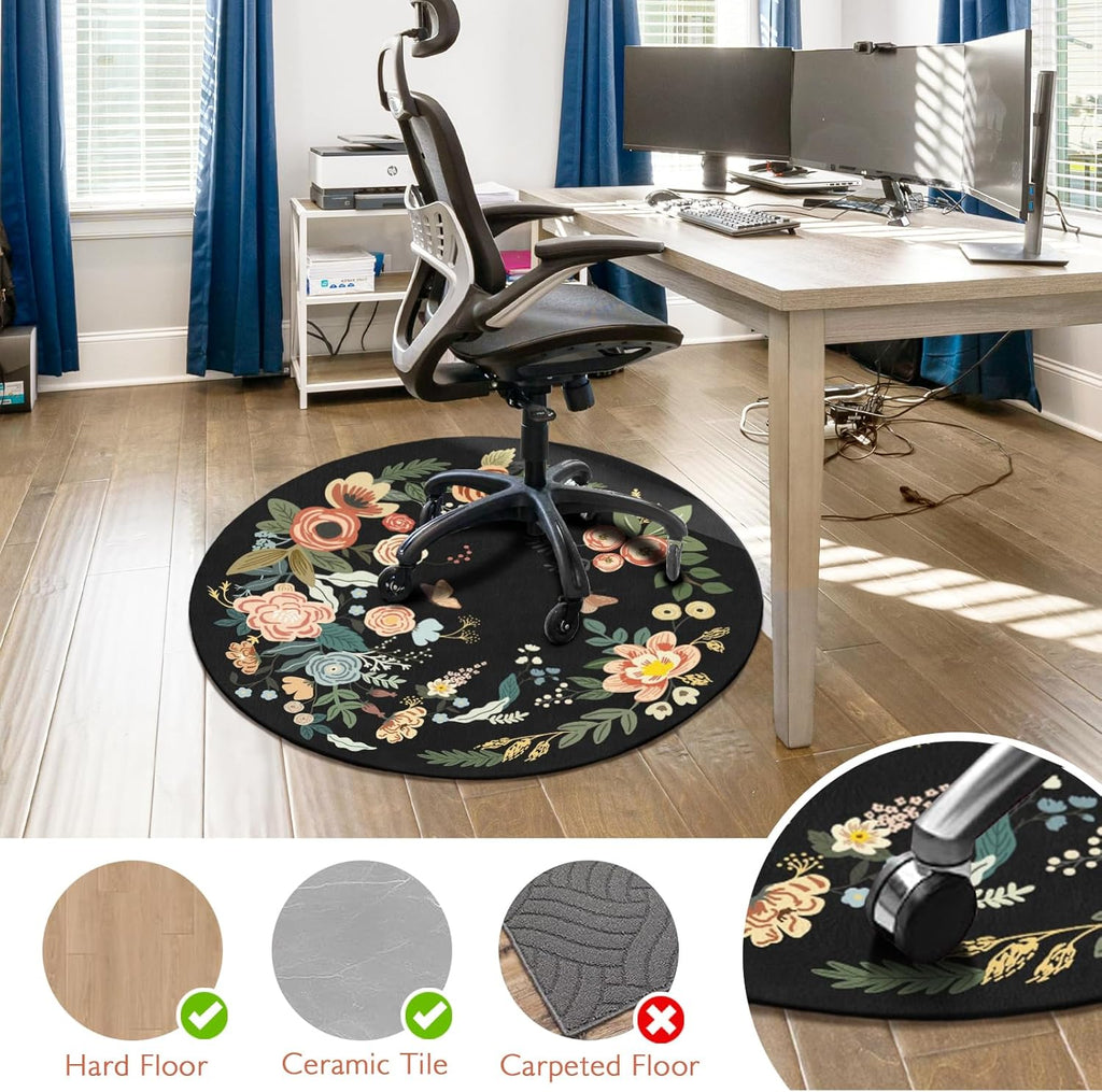 Office Chair Mat for Hardwood Floor 47"X 47" Round Gaming Rolling Chairs Rugs for Office Computer Desk Chair Non-Slip Game Protector Mats for Hard Floor & Tile Floor,Carpet Decor(Black Flowers)