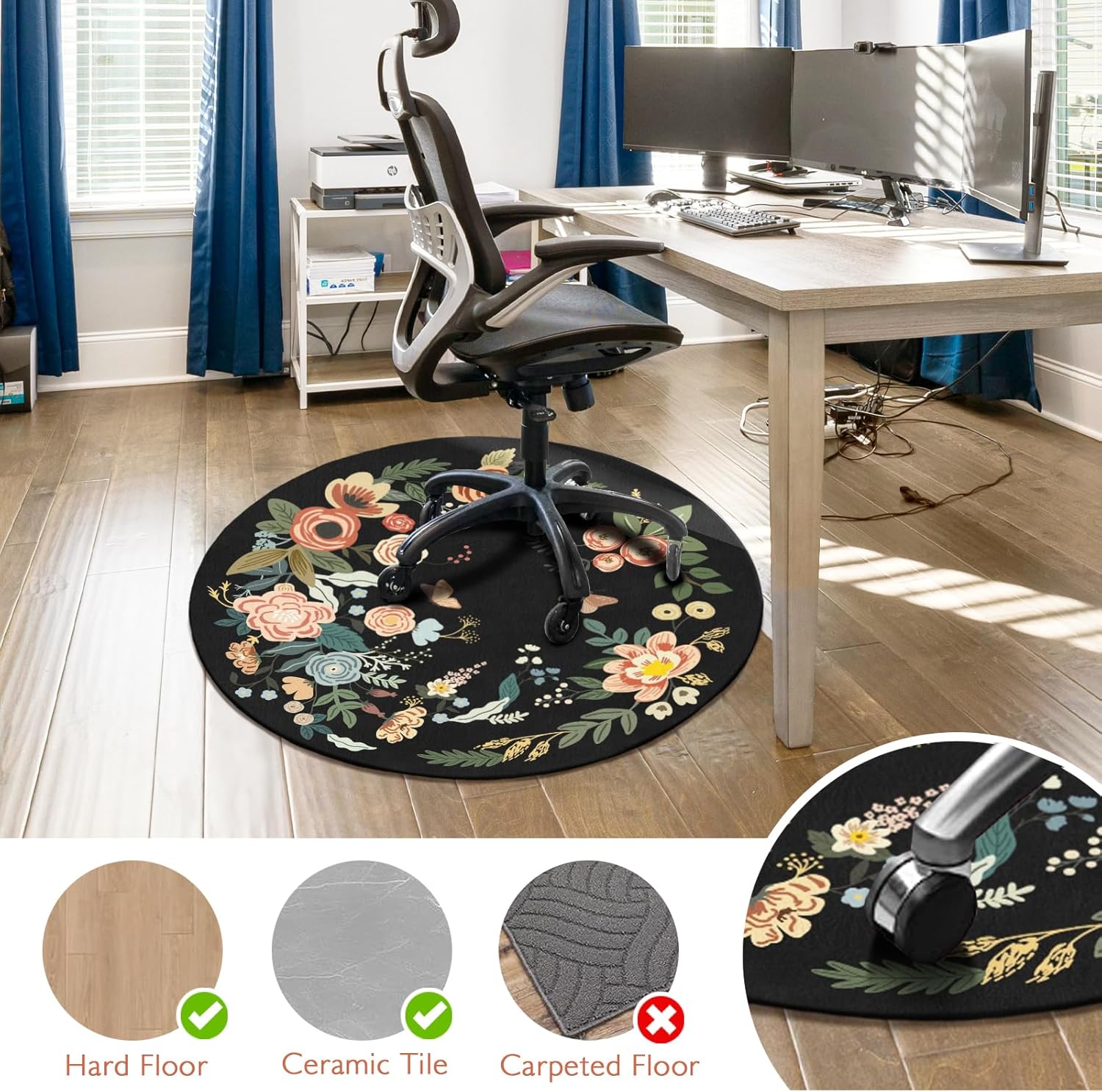 Office Chair Mat for Hardwood Floor 47"X 47" Round Gaming Rolling Chairs Rugs for Office Computer Desk Chair Non-Slip Game Protector Mats for Hard Floor & Tile Floor,Carpet Decor(Black Flowers)