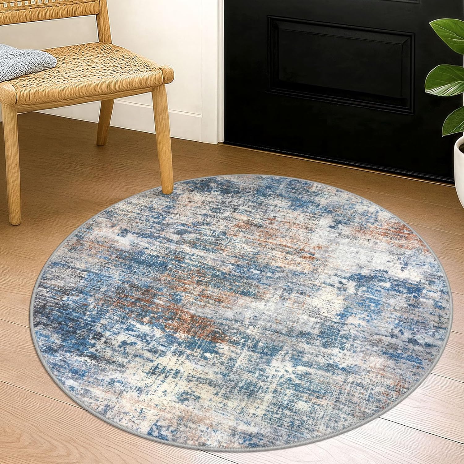 Round Area Rug 3 Ft Circle Entryway Rugs Round Washable Door Mat Indoor Entrance, Non Slip Circle Front Door Rug, Printed Abstract Faux Wool Floor Carpet for Foyer Porch Sink, Blue Rust
