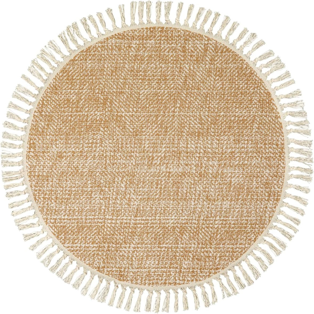 Hand-Woven Round Rug—Crafted from soft cotton and machine-washable (3 ft). Featuring decorative tassels and a beige/cream color palette, this farmhouse-style rug adds a warm and cozy touch to bedrooms, living rooms, dining areas, desks, and office spaces.