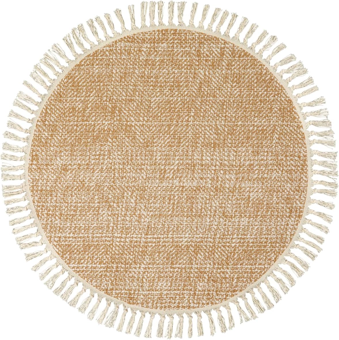 Hand-Woven Round Rug—Crafted from soft cotton and machine-washable (3 ft). Featuring decorative tassels and a beige/cream color palette, this farmhouse-style rug adds a warm and cozy touch to bedrooms, living rooms, dining areas, desks, and office spaces.