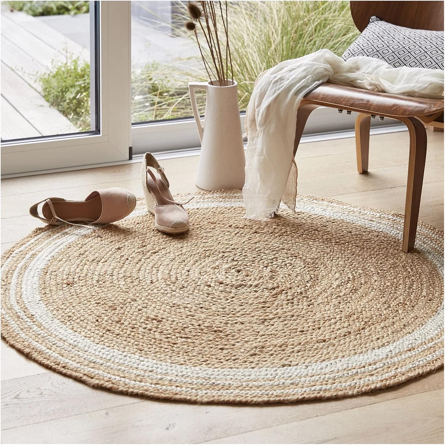100% Jute Rug (Approx. 4 ft)—A hand-woven natural jute rug featuring a decorative white circular pattern. An ideal home decor accent for living rooms and hallways. (Style: Round)