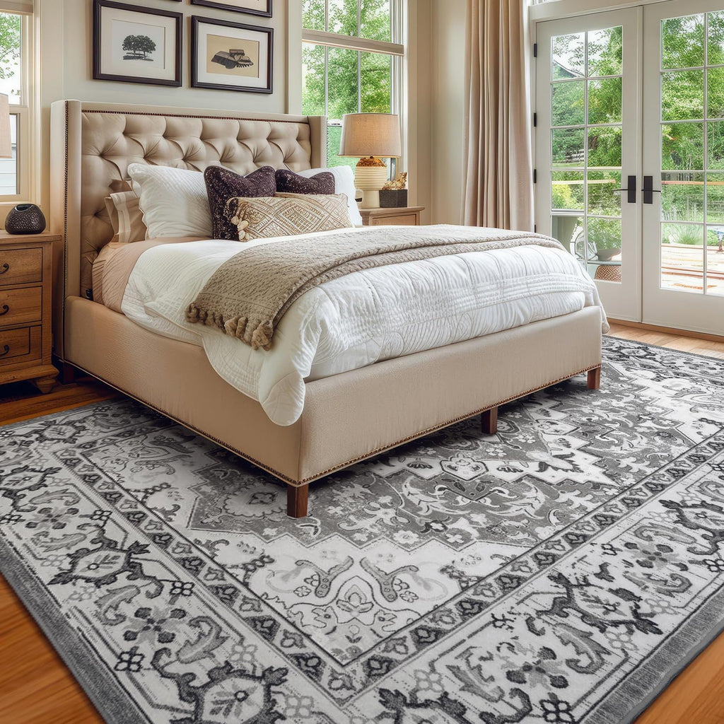 Machine-Washable Faux Wool Rug | Bohemian Style | Non-Slip Backing | Gray & White Color Scheme | Vintage Floral Pattern Suitable for: Living Room, Bedroom