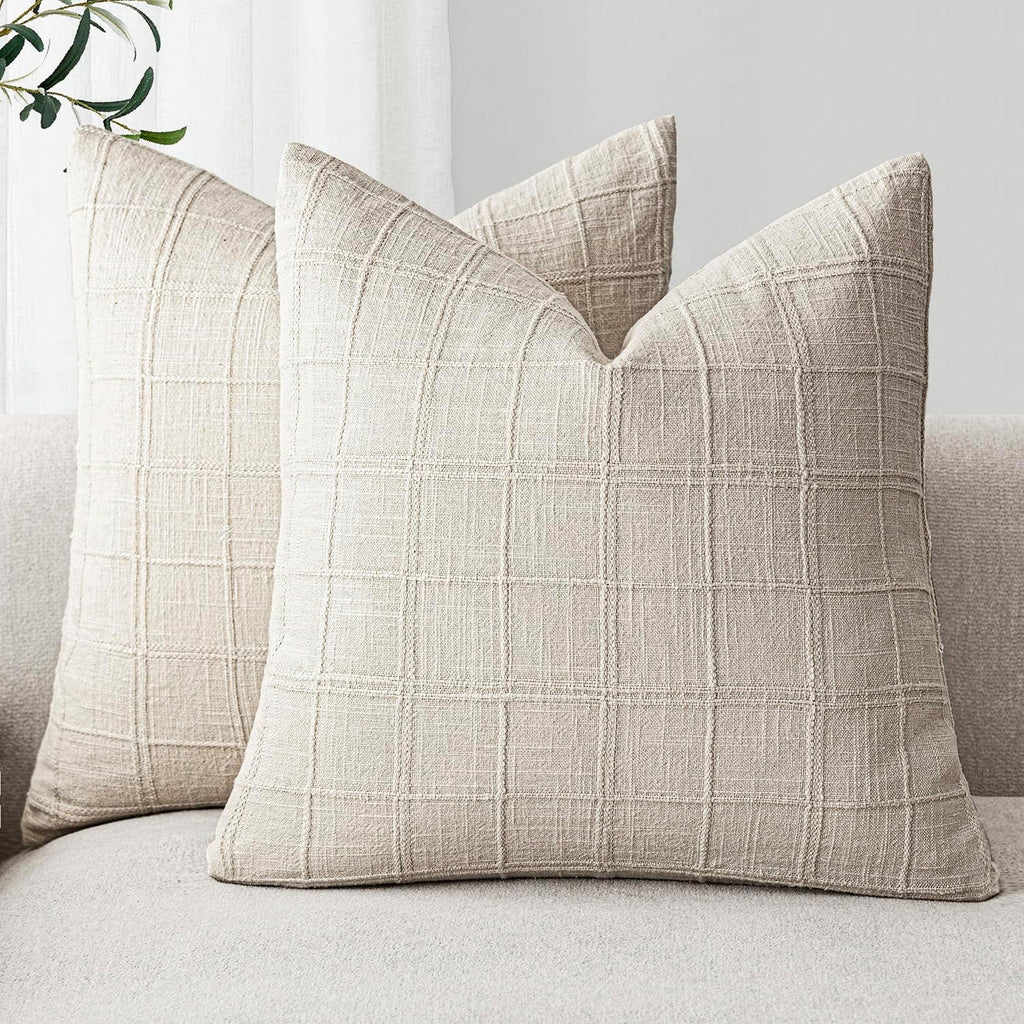 Set of 2 Decorative Linen Check Throw Pillow Covers Neutral Farmhouse Vintage Cushion Covers Modern Boho Home Decor for Sofa Chair Couch Bedroom Living Room,18×18 Inch,Natural Beige