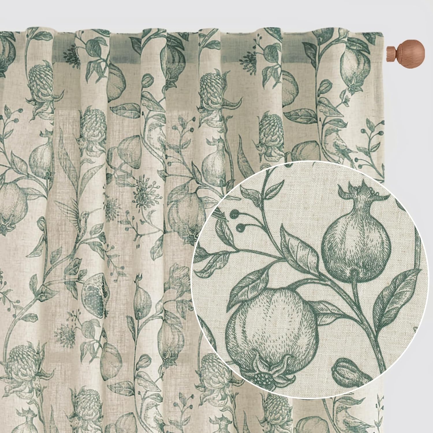 Linen Curtains Floral Curtains for Living Room 84 Inch Long Dark Green French Curtains Back Tab Light Filtering Toile Print Farmhouse Bedroom Curtains Window Curtain Set 2 Panels