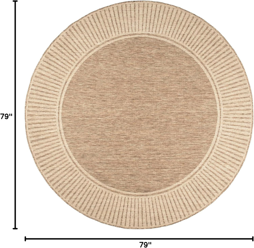 6'7" Round Outdoor Rug — Casual design style with striped trim; stain-resistant and durable; suitable for patios, balconies, bedrooms, living rooms, dining rooms, and bathrooms; Light Brown