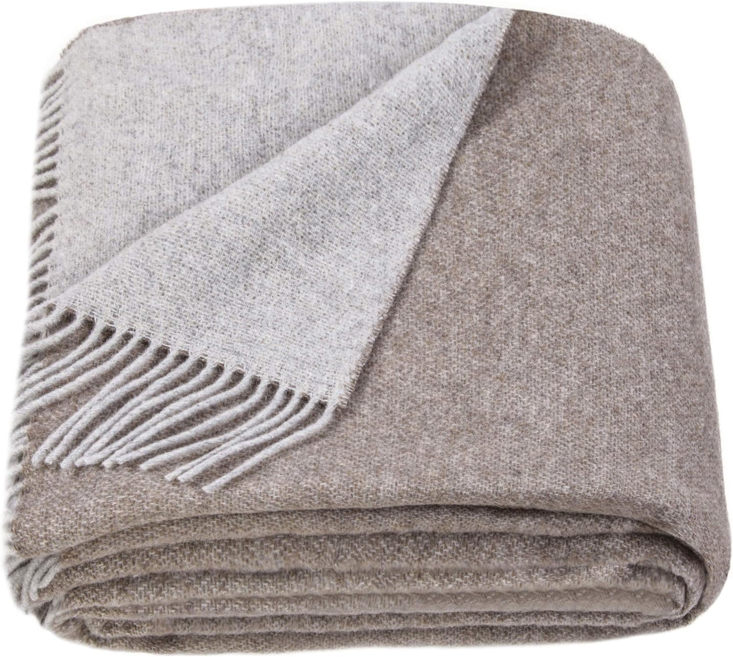 Merino Wool Blanket - Warm Throw for Cold Weather, Warmest Travel Outdoor Camping Blankets, Picnic Army and Military Throws, Comforter Soft & Cozy 55 x 79 Light Brown - Light Grey Double-Sided
