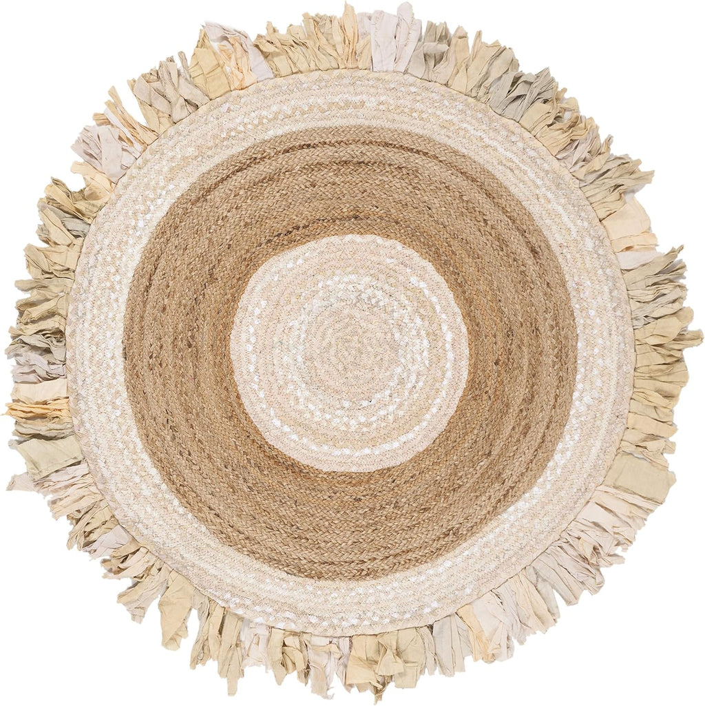 Round Rug — 4-Foot Round, Beige & Ivory Color Block; hand-woven blend of jute and cotton, featuring Bohemian-style tassels; perfect for high-traffic areas such as living rooms and bedrooms