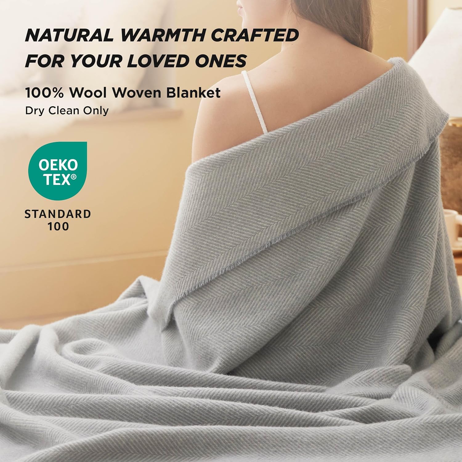 100% Wool Blanket for Women Gift -  and Cozy, Lightweight Warm Christmas Blanket for Winter, Luxury Herringbone Throw for Couch, Grey, 50x60 Inches