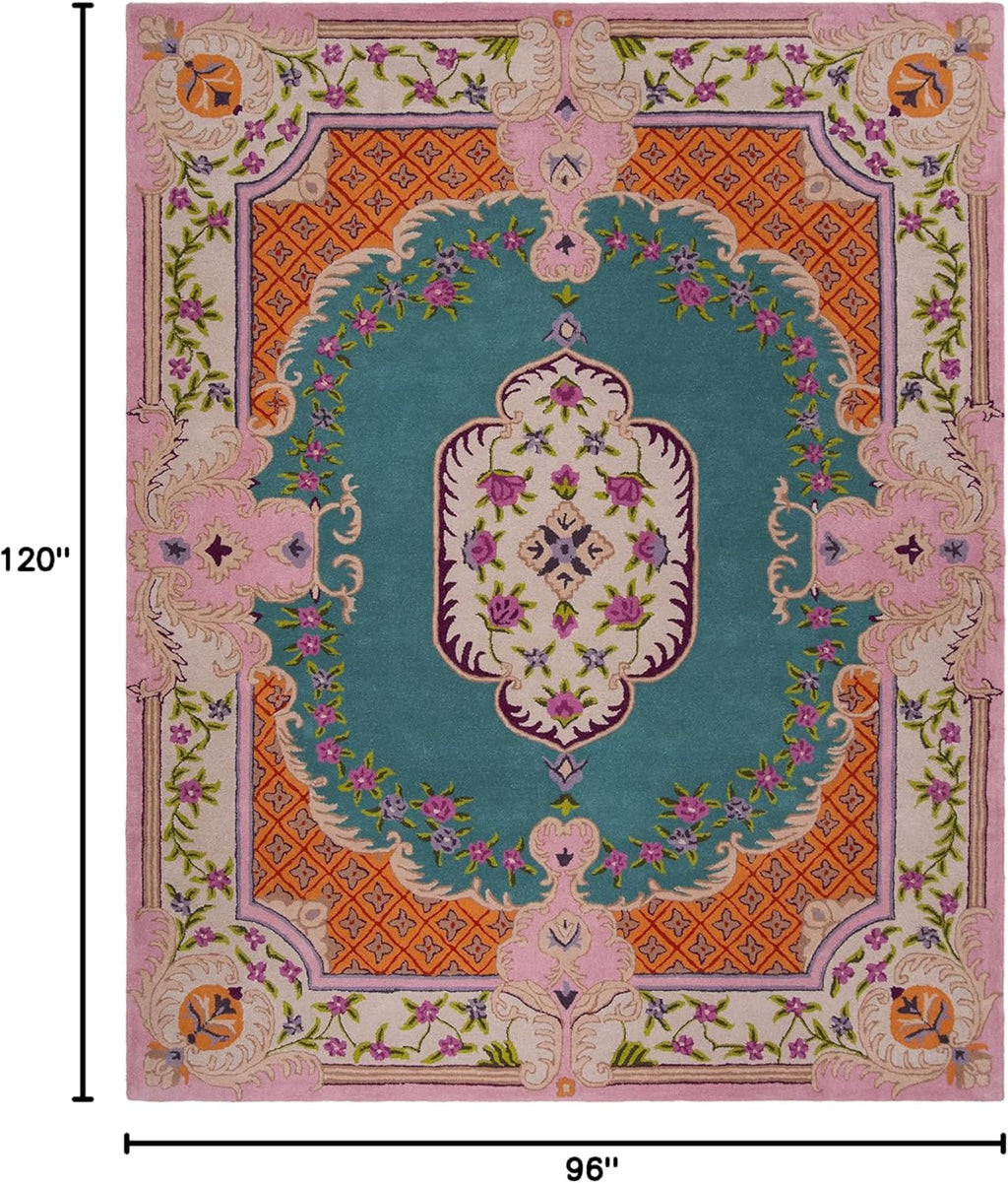 Hand-Woven Wool Rug (8x10 ft) | Blue & Pink Color Scheme — Circular Pattern — Suitable for: Living Room, Bedroom, Study