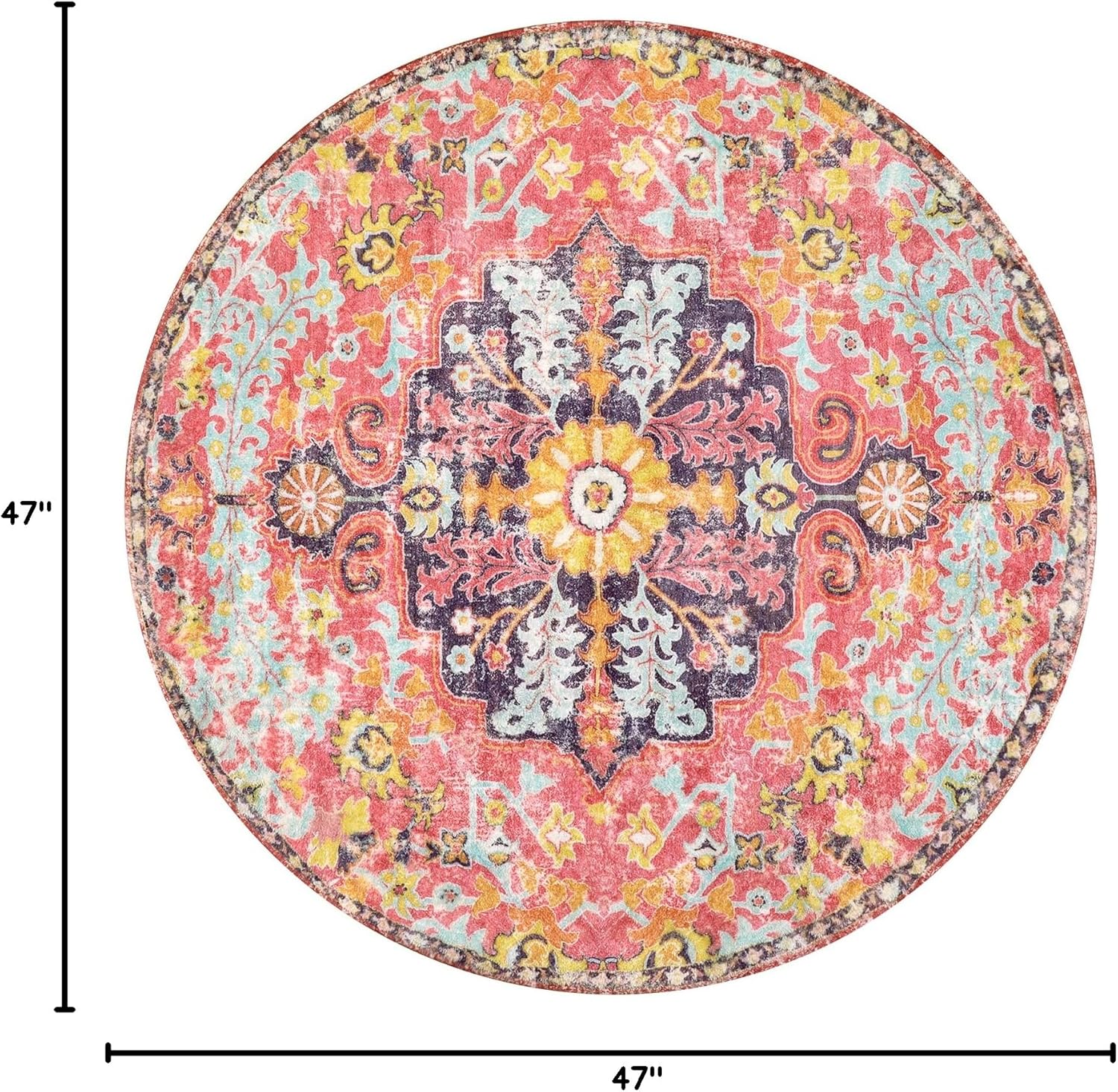 Bohemian Floral Medallion Round Rug - 4Ft Hot Pink Soft Round Area Rug Bedroom Kitchen Mat, Turkish Washable Indoor Floor Accent Bathroom Carpet for Nursery Living Room Home Office Hallway