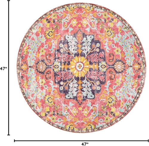 Bohemian Floral Medallion Round Rug - 4Ft Hot Pink Soft Round Area Rug Bedroom Kitchen Mat, Turkish Washable Indoor Floor Accent Bathroom Carpet for Nursery Living Room Home Office Hallway