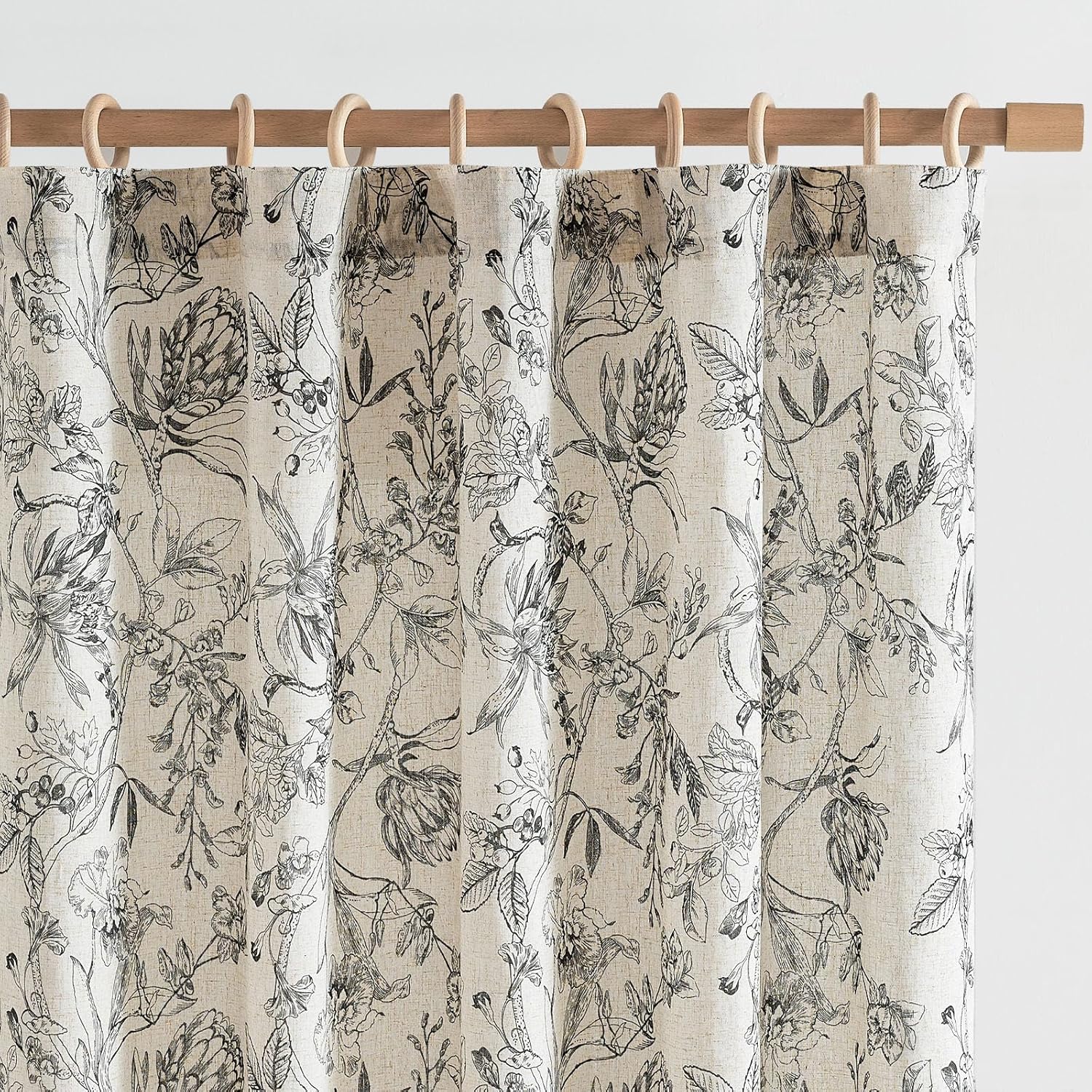 Floral Curtains 90 Inch Length Black Flower Linen  Curtains for Living Room French Country Vintage Curtains Rod Pocket Curtains Set 2 Panels Balck Flower Printed Curtains